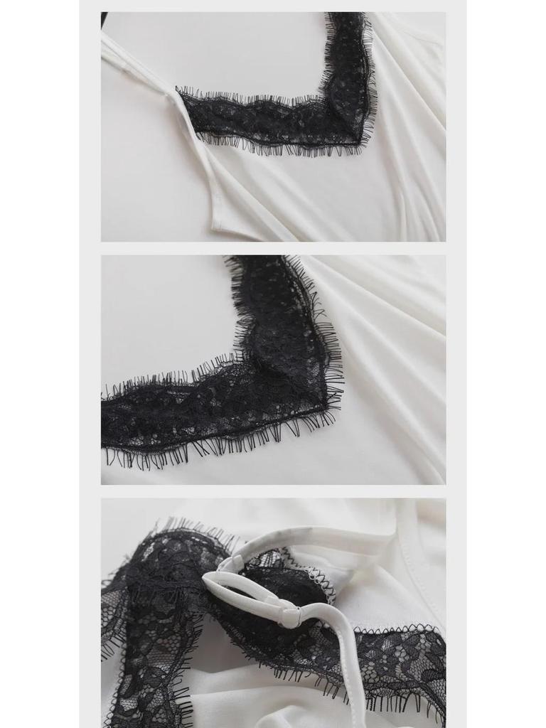 Tangge Maulbeerseide V-Ausschnitt Spitzen-Spaghettitop