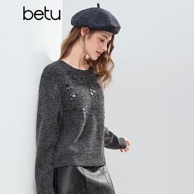 BETU Women's Round Neck Sequin Drop Shoulder Sweater