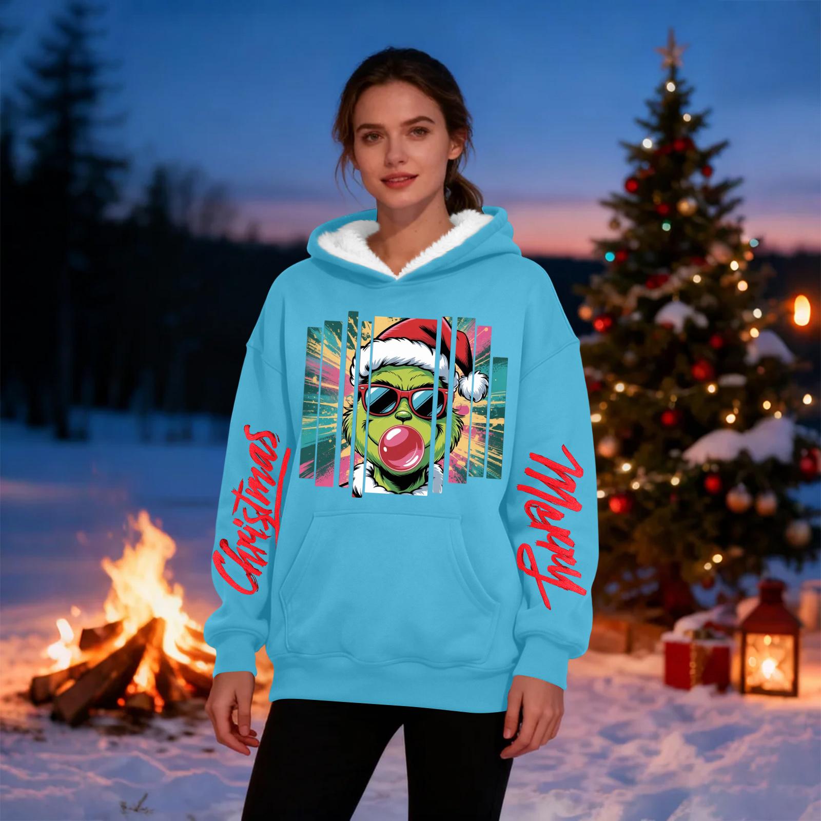 

Women s Casual Fashion Plus Velvet Thickened Christmas Print Hooded Sweatshirt XL