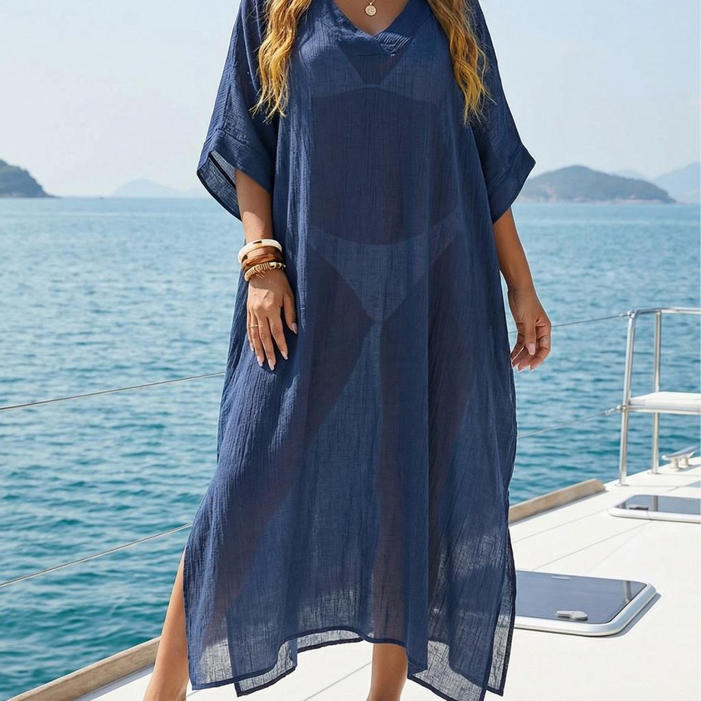 Women's Beach Blouse Summer Women's New V-neck Loose Casual Dress Split-ended Floor Mopping Dress Women