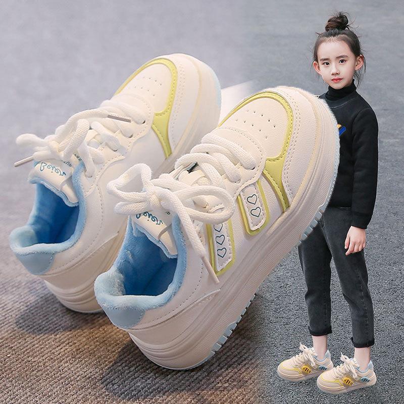 Kids White Heart Embroidered Fleece Lined Lace Up Sneakers 27 синий