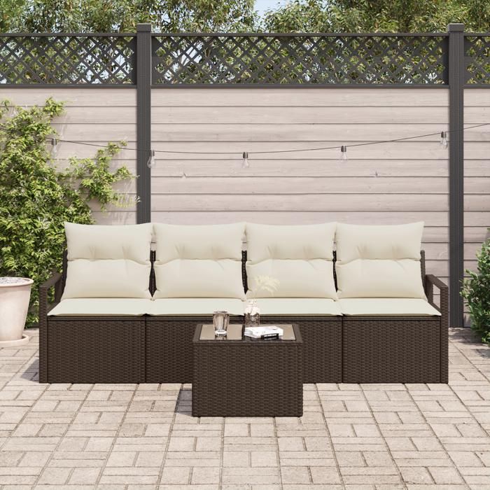Ensemble de Canapés de Jardin de 5 pièces avec Coussins Marron en Rattan Poly, Canapé de Jardin 2 Places avec Rangement 3354917