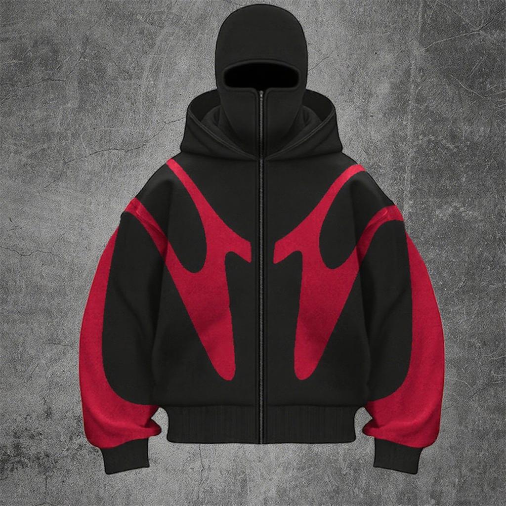 Men's Oversized Zip Up Hoodie Color Block Long Sleeve Hooded Sweatshirts Retro Jacket  Hoodie