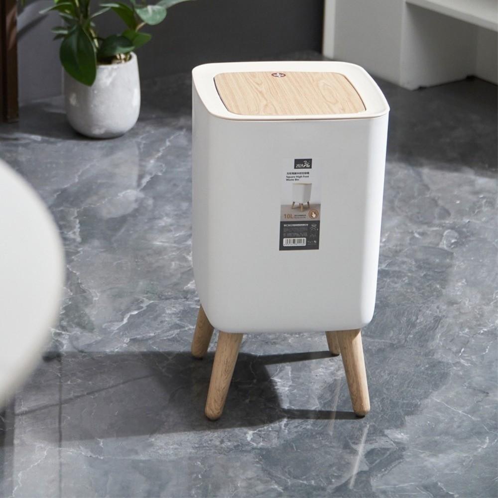 High Foot Trash Can Wood-Like Design Wooden Trash Bin Creative Press Dustbin  Bathroom