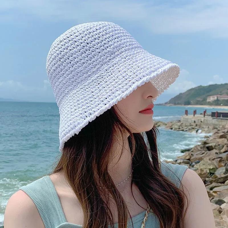 Womens Sun Hat Handmade Straw Bucket UV Protection Wide Brim Packable Travel Summer Cap Foldable Beach Breathable Sun Hat