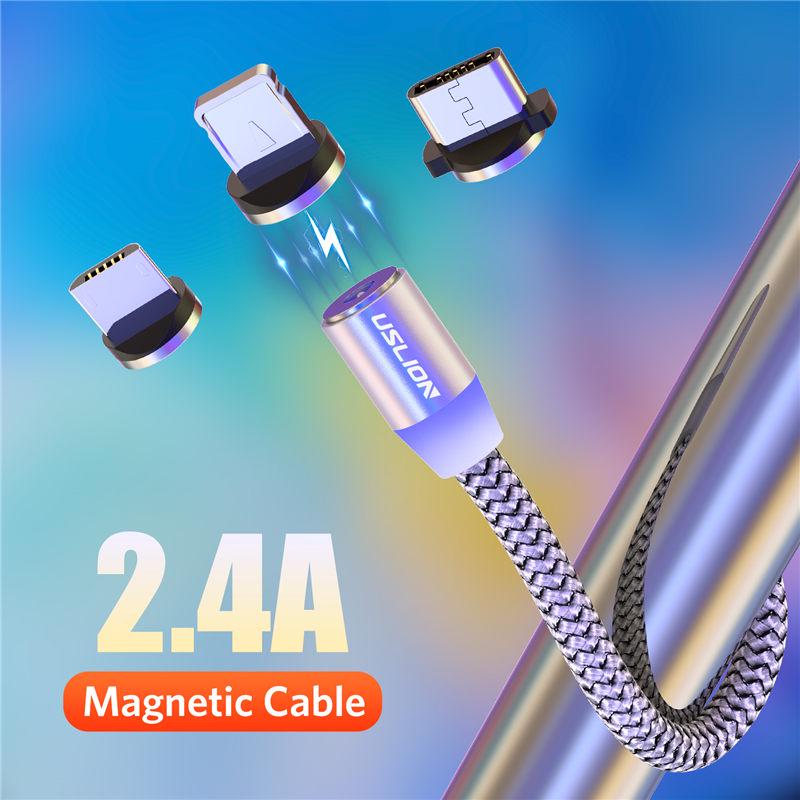 USLION 2.4A Magnetic Micro USB Cable For iPhone Charging Charge Magnet Charger USB Type C Cables