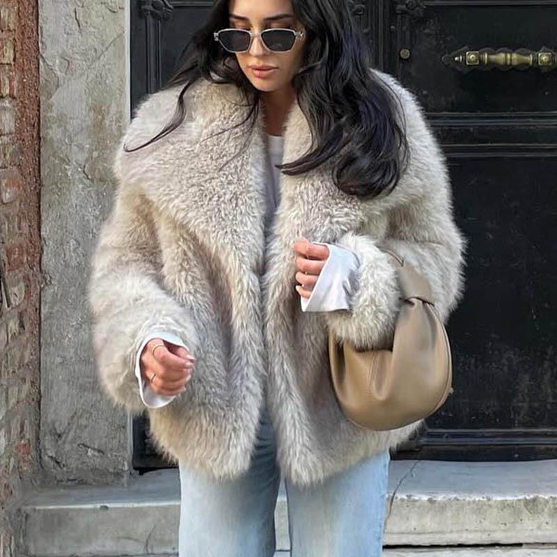 Women Fashion Cropped Faux Fur Jacket Coat Long Sleeve Front Snap-button Female Outerwear Chic Lapel Collar Thick Coat