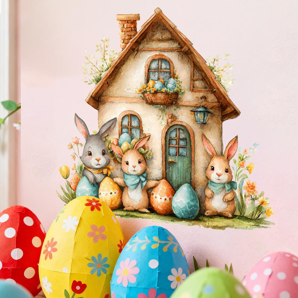 Cute Easter Bunny with Cartoon House Wall Sticker Self-Adhesive Removable for Living Room Entryway Bedroom Home Decor