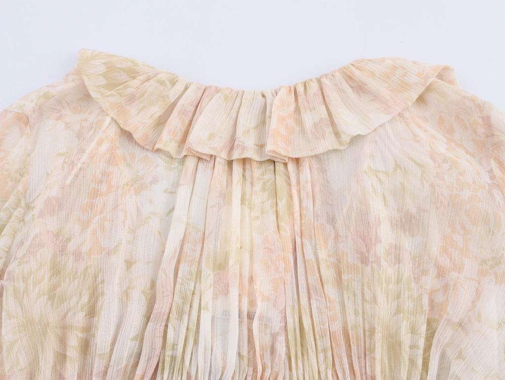 Spring Women's V-Neck Ruffle Print Chiffon Blouse with Long Sleeves