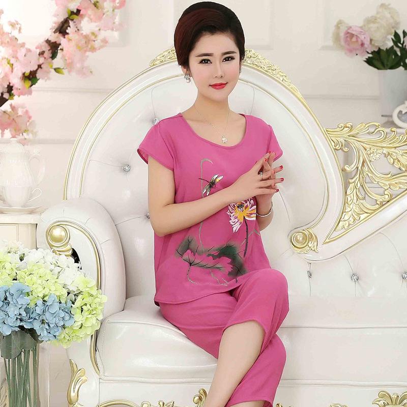 Women's Summer Cotton & Linen Pajama Set – Short-Sleeved Two-Piece for Middle-Aged & Elderly, Suitable for Indoor & Outdoor Wear.