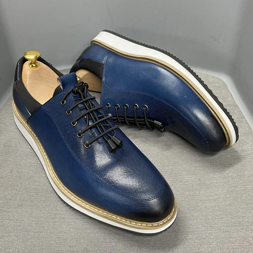Zapatos Casuales de Moda para Hombre 2025 Zapatillas de Lujo con Cordones de Cuero Genuino de Alta Calidad Azul/Negro Oxfords Planos Transpirables