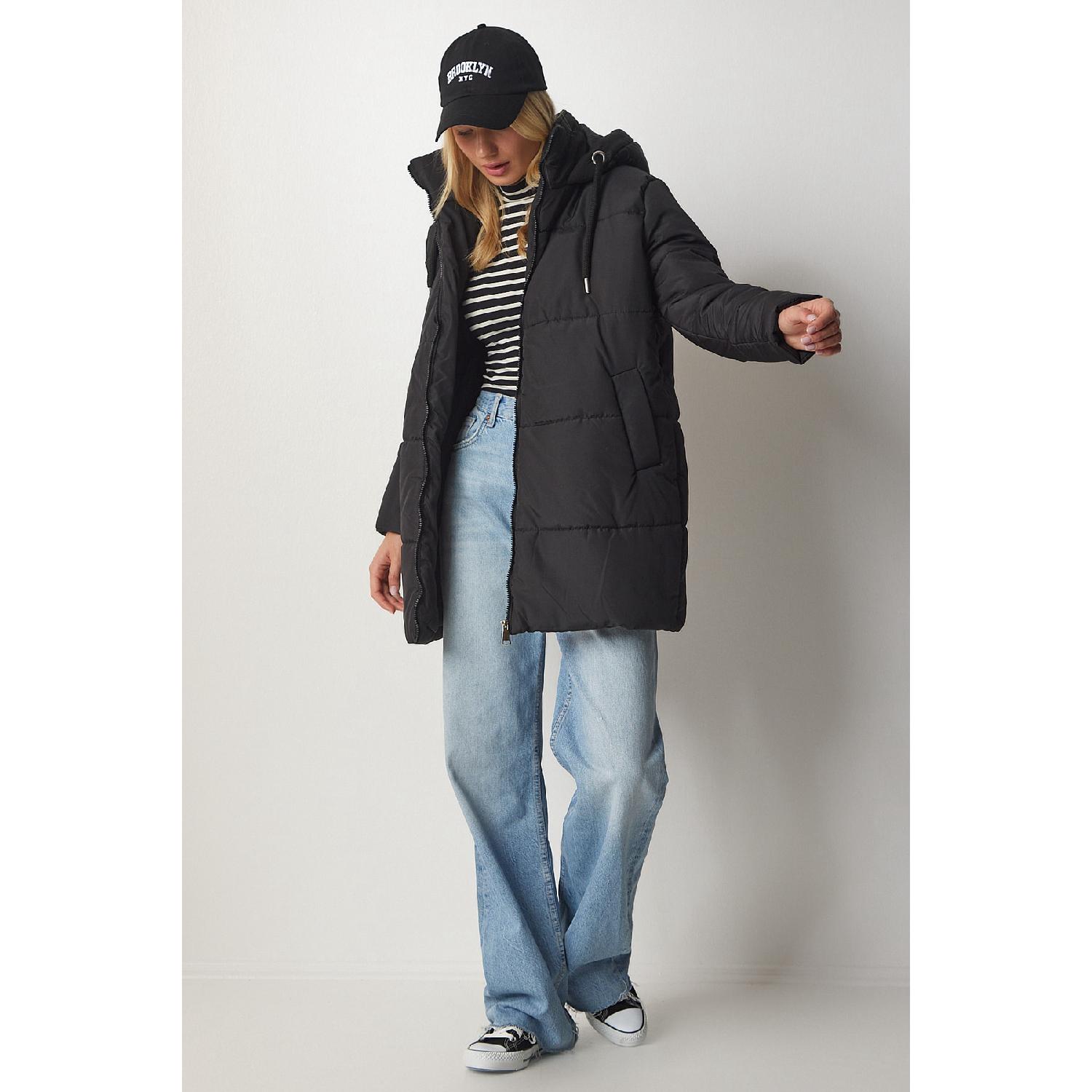 Женский черный пуховик оверсайз с капюшоном Dd01245 S/M