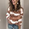 Fashion Women V-neck Long Sleeve Hollow Out Striped Print Knitted Sweater Top