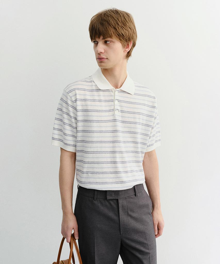 Deonseuteupomaen Striped Polo Knit_Unisex_Udsw6B127_White / Soft Blue