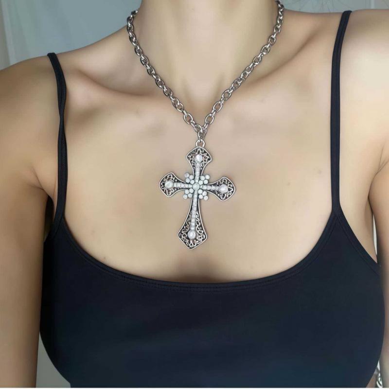 European Retro Cross Pendant Necklace with Diamond Inlay - Versatile Alloy Jewelry