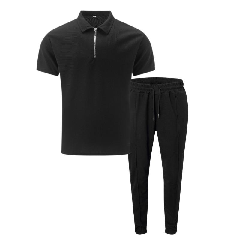 Men Spring Autumn New Solid Color Waffle Knit Collared Half Zip Polo Shirt Pants Set