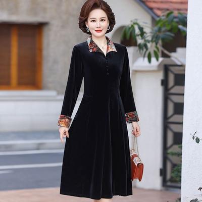 Spring Fall Women's Slim Plus Size Velvet Dress A-Line Long Velvet Dress