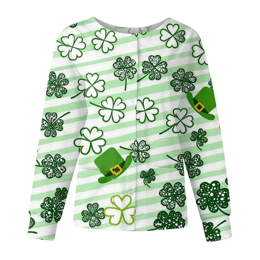 Damen Casual Mode Langarm Stehkragen Einreiher St. Patrick's Day Print Arbeitsjacke Tops