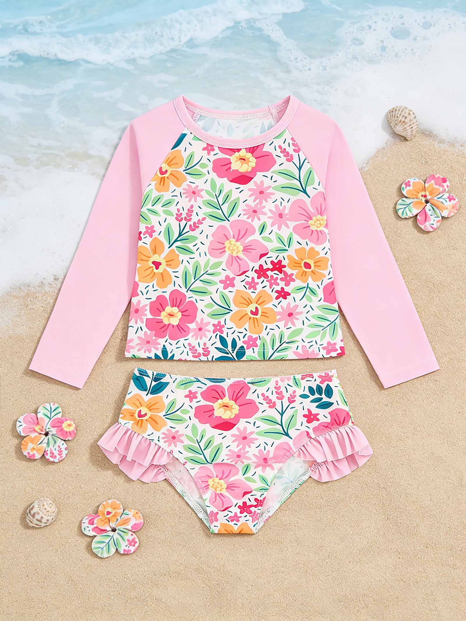 

Little Girls Floral Rash Guard Swimsuit, Long Sleeve 2 Piece Bathing Suit, 4-7 Years 4Y розовый