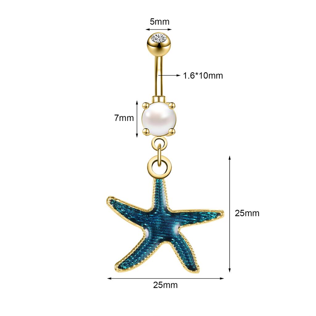 AOEDEJ 14G 1PC Shell Belly Piercing Ring Crystal Starfish Navel Ring Pearl Body Piercing Jewelry Summer Women Shell Belly Ring
