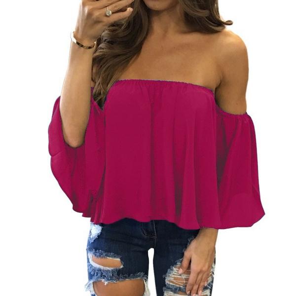 Fashion Women Off Shoulder Chest Wrapped Sexy Chiffon Tops Halter Neck Loose Long Sleeve T Shirts
