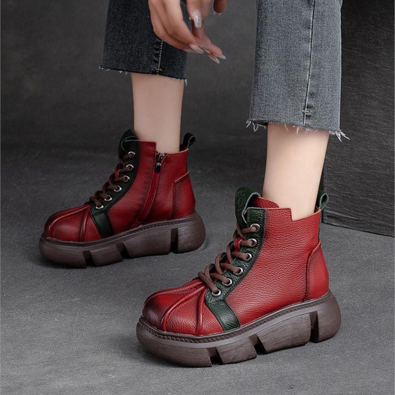 Johnature 2023 Autumn Winter New Retro Short Boots Women Genuine Leather Mixed Colors Thick Soled Versatile Platform Shoes