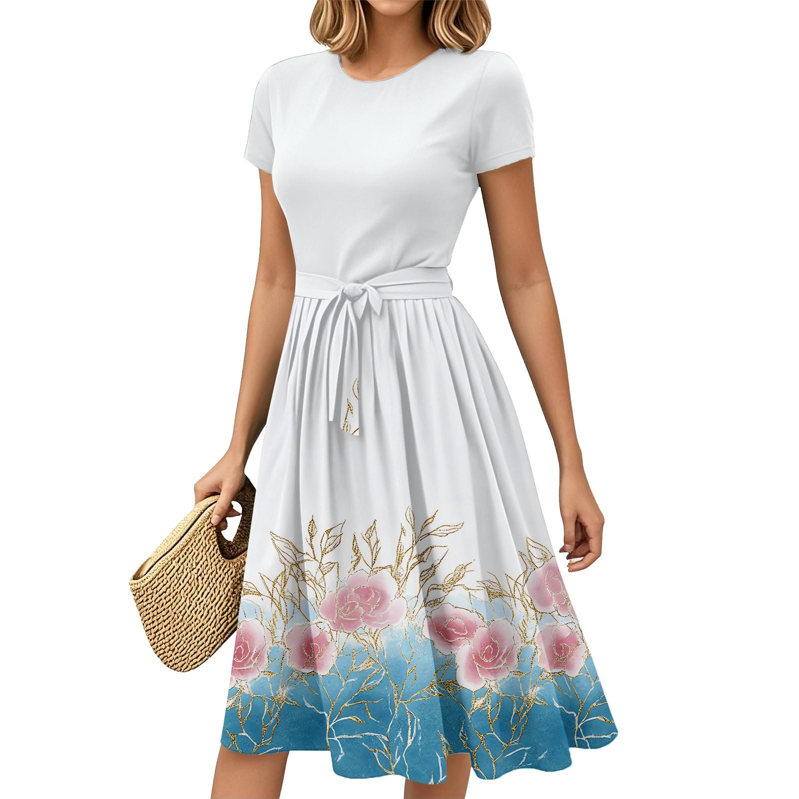 

Women s Fashion Casual Belt Short Sleeve Round Neck Geometric Printing Splicing Elegant Temperament Dresses S білий