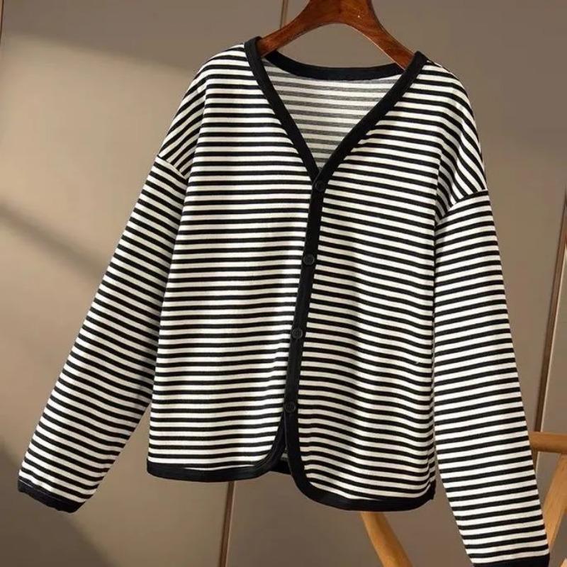 Retro Lazy Style Black and White Striped Knitted Cardigan Women's New Loose Sweater Jacket Top Spring and Autumn