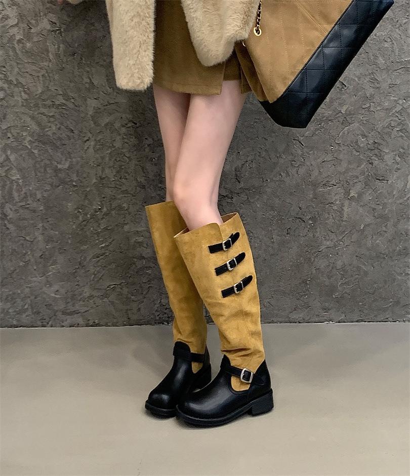 

~ Thick-soled thick-heeled belt buckle retro boots for women s 25 new thin but knee-piled high boots 39 хаки