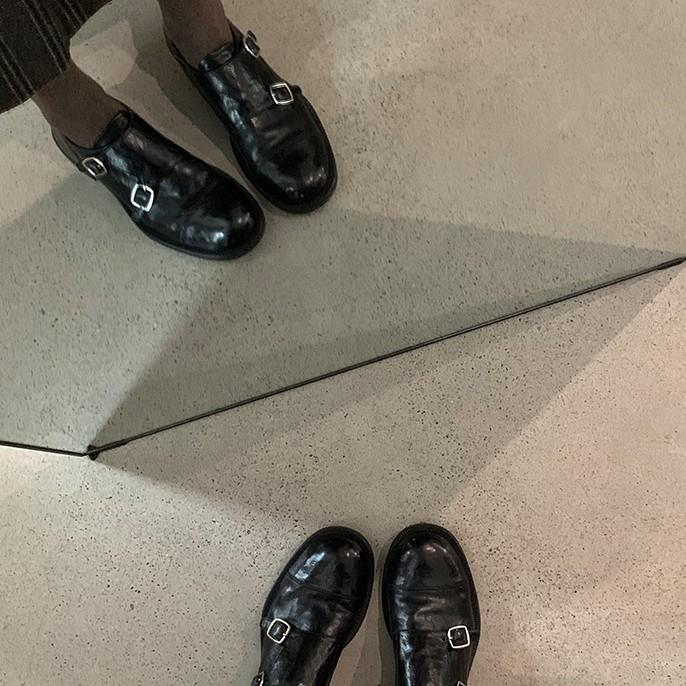 Sheepskin~ Double-button genuine leather British small leather shoes for women lazy people, one pedal, platform loafers, Brock engraved single shoes