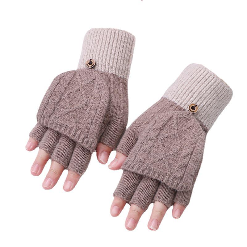 2024 Autumn New Cashmere Half-Finger Flip-Top Jacquard Knitted Gloves for Students and Couples