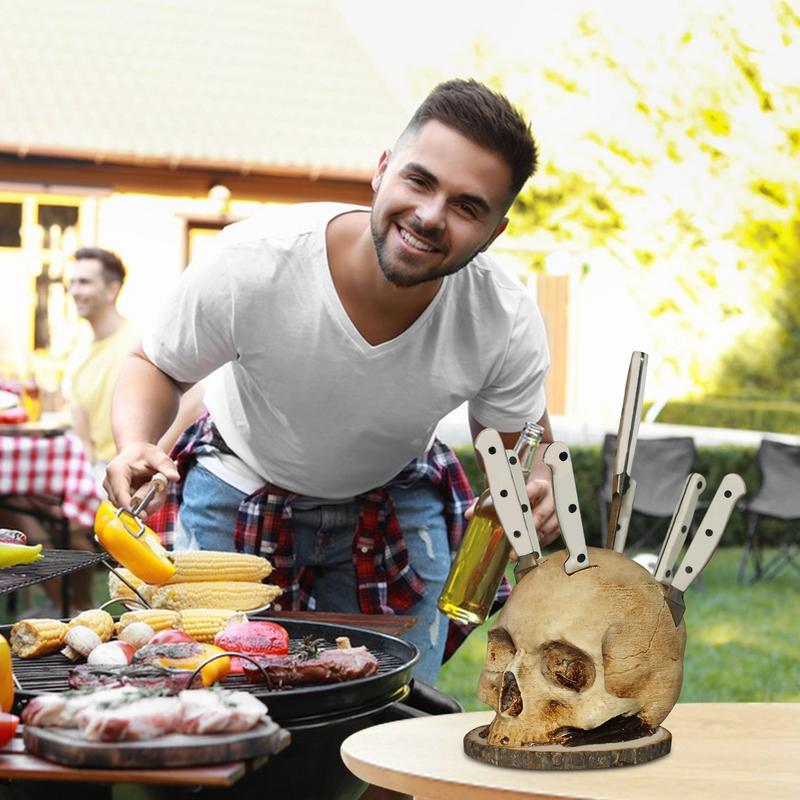 Skull Knife Holder for Kitchen, Skeleton Knife Stand, Horror Kitchen Storage Head Rack Kitchen Fruit Storage Rack Decoration