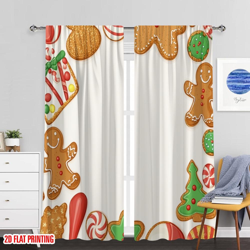 2pcs,2D Plane Printing Light Filtering Curtains Christmas Cookies Gingerbread Sweets (2) Polyester Woven (without Rod) Outdoor