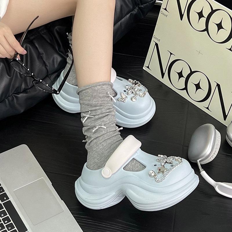 Baotou slippers versatile women's shoes spring and summer new rhinestone heightening non-slip new thick-soled hole shoes women