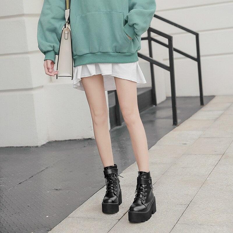 New Sexy Chain Women Leather Autumn Boots Block Heel Gothic Black Punk Style Platform Shoes Female Footwear High Quality