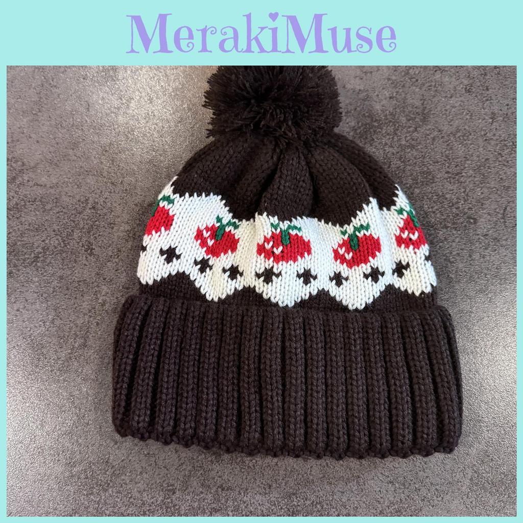 Warm Knitted Simple Hat Cherry Embroidery Design And Plush Decoration Ball