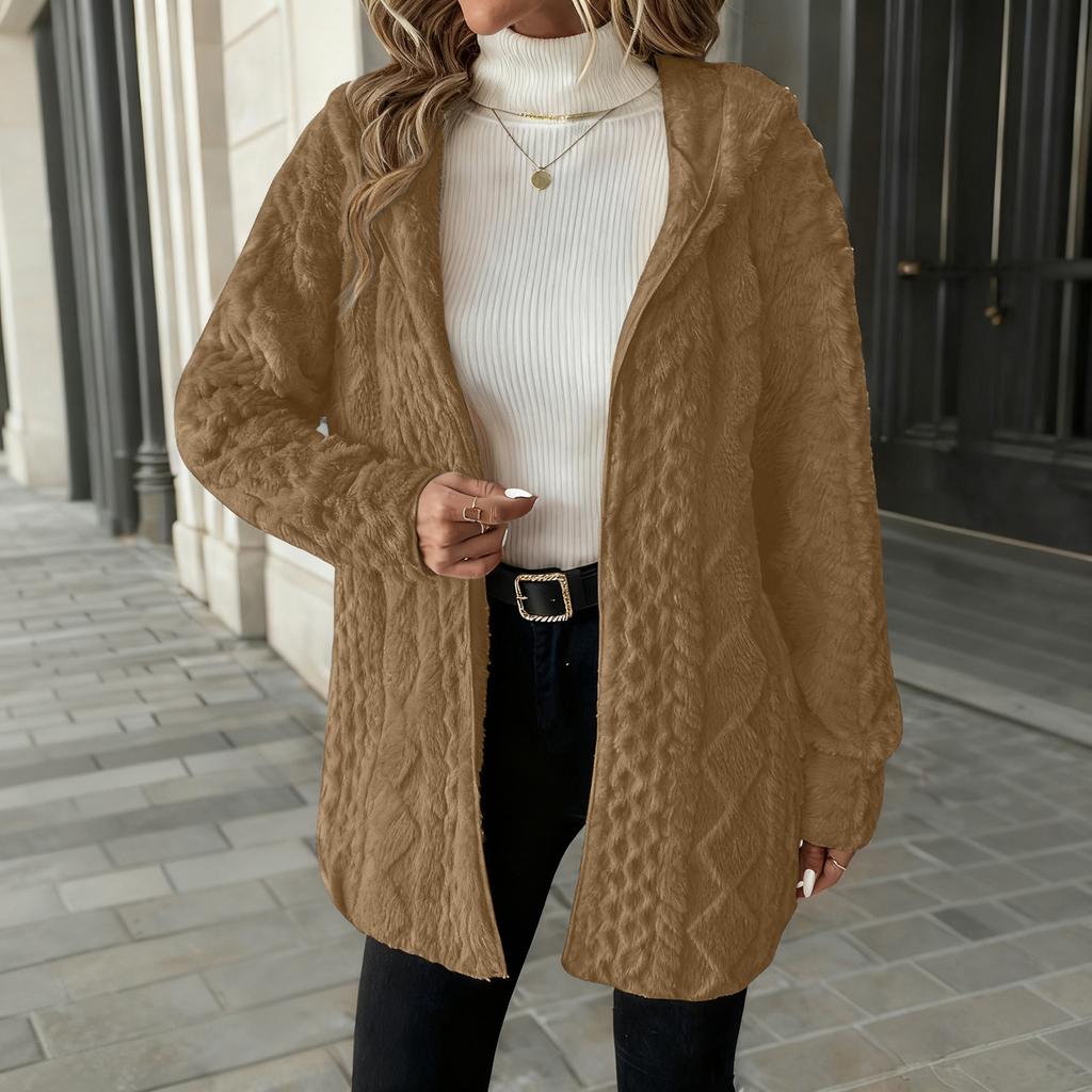 Damen Modischer Einfarbiger Langärmliger Lockerer Kapuzen-Cardigan Plüschjacke