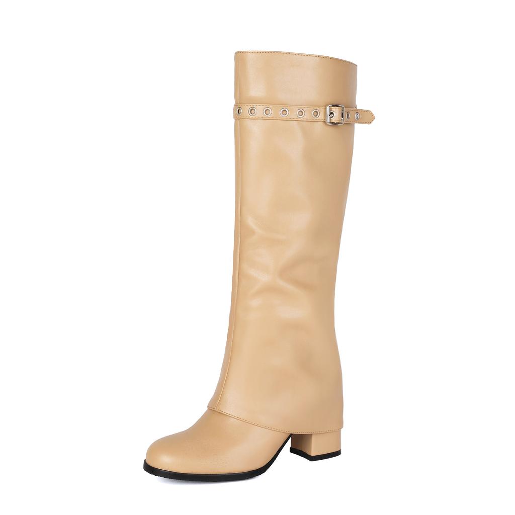 Trend Pleated Stacked Boots Pants Tube Boots Belt Buckle Rivet High Tube Thick High Heel Western Boots 40-43 Large Size