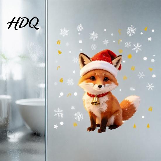 Removable Holiday Glass Stickers Christmas Cute Fox Static Window Clings Santa Hat Snowflake Gift Tree Pattern Decal Decals Self-Adhesive Winter for