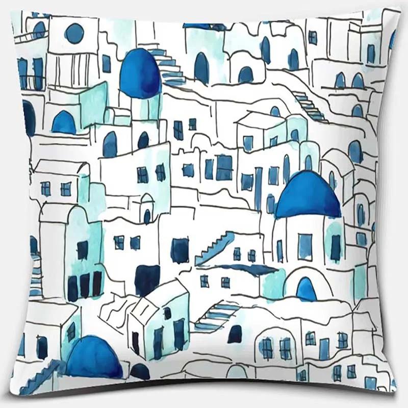 45x45cm Nordic Blue and White Castle Scenery Pillowcase Comfortable Sofa Seat Cushion Cover Hotel Home Decor Embrace Pillowcase
