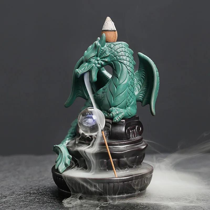 LED Dragon Waterfall Backflow Incense Burner Pterosaur Home Decor Ceramic Handicrafts With Lucky Feng Shui Ball -Without Incense
