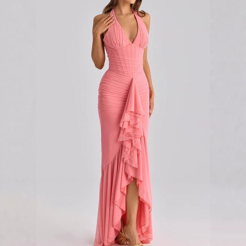 Spring 2026 European and American Cross-border New Neck Pleated Irregular Ruffle Edge Slim Dress Mesh Dress