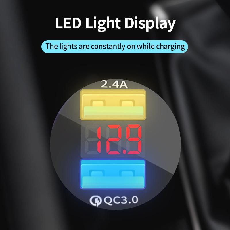 4.8a Car Lighter Dual Usb Phone Charger 12v-24v Led Display Qc3.0 Fast Charging Aluminum Alloy Smartphone Auto Charger