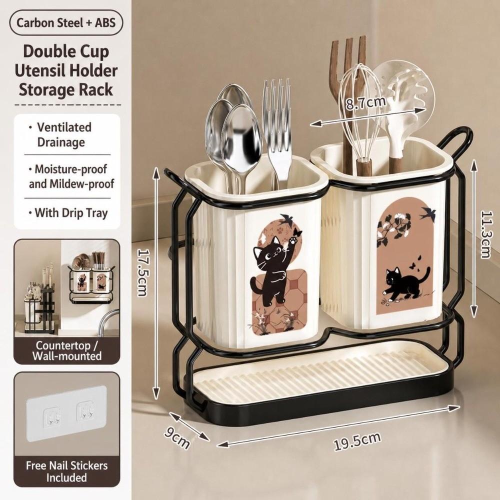 Carbon Steel Kitchen Utensil Holder Detachable Cute Cat Pattern Cutlery Organizer Standing No-drill Utensil Stand