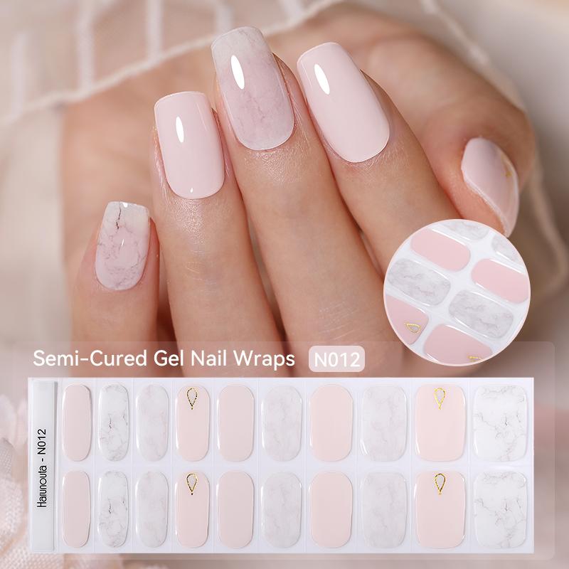 20Tips Gradient French Semi-cured Gel Nail Sticker UV Lamp Needed Full Cover Nail Gel Polish Wraps Manicure Press On Nails Decal