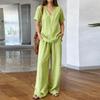 Women Casual V Neck Pullover Short Sleeve Top with Long Pants Set Made of Washed Cotton Comfortable Loose Fit Relaxed Style