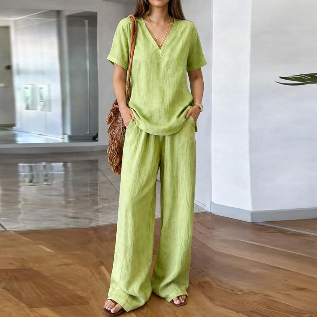 Women Casual V Neck Pullover Short Sleeve Top with Long Pants Set Made of Washed Cotton Comfortable Loose Fit Relaxed Style