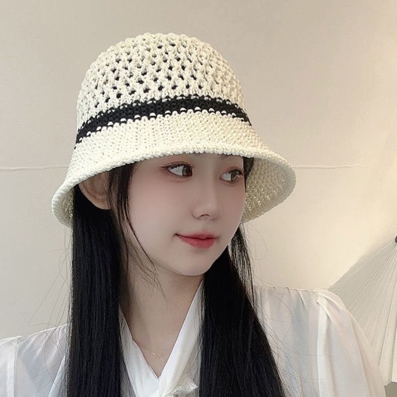 Straw Hat Women's Summer Beach Hat Outdoor UV-Proof Breathable Weaving Hollow Bucket Hat Wide Brim Face Small Hat