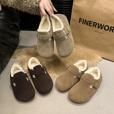 Fashion 2025 New Women Fashionable High-quality Versatile Fur Flats Short Women Fashion Buckle Soft Sole Cotton Shoes Sued Warm Shoes