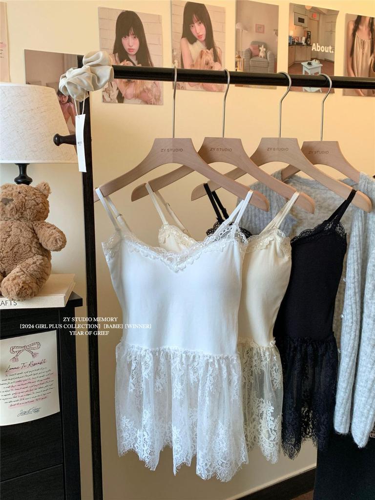 Winter 2024 Women's Lace Slip Dress - Sleeveless, Layered, Waist-Hugging with Bow